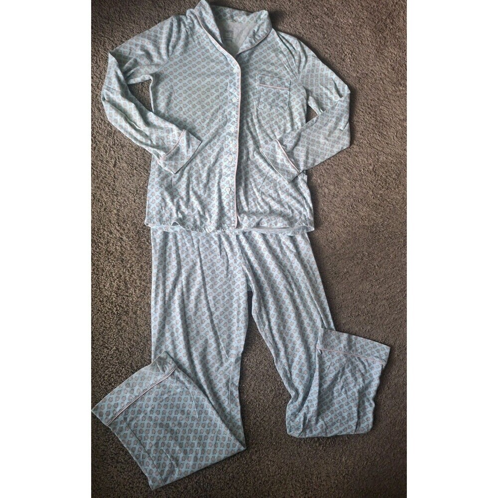 Gilligan Omalley Pajama Set Sz Small Blue Fish Print Button Up Long Sleeve